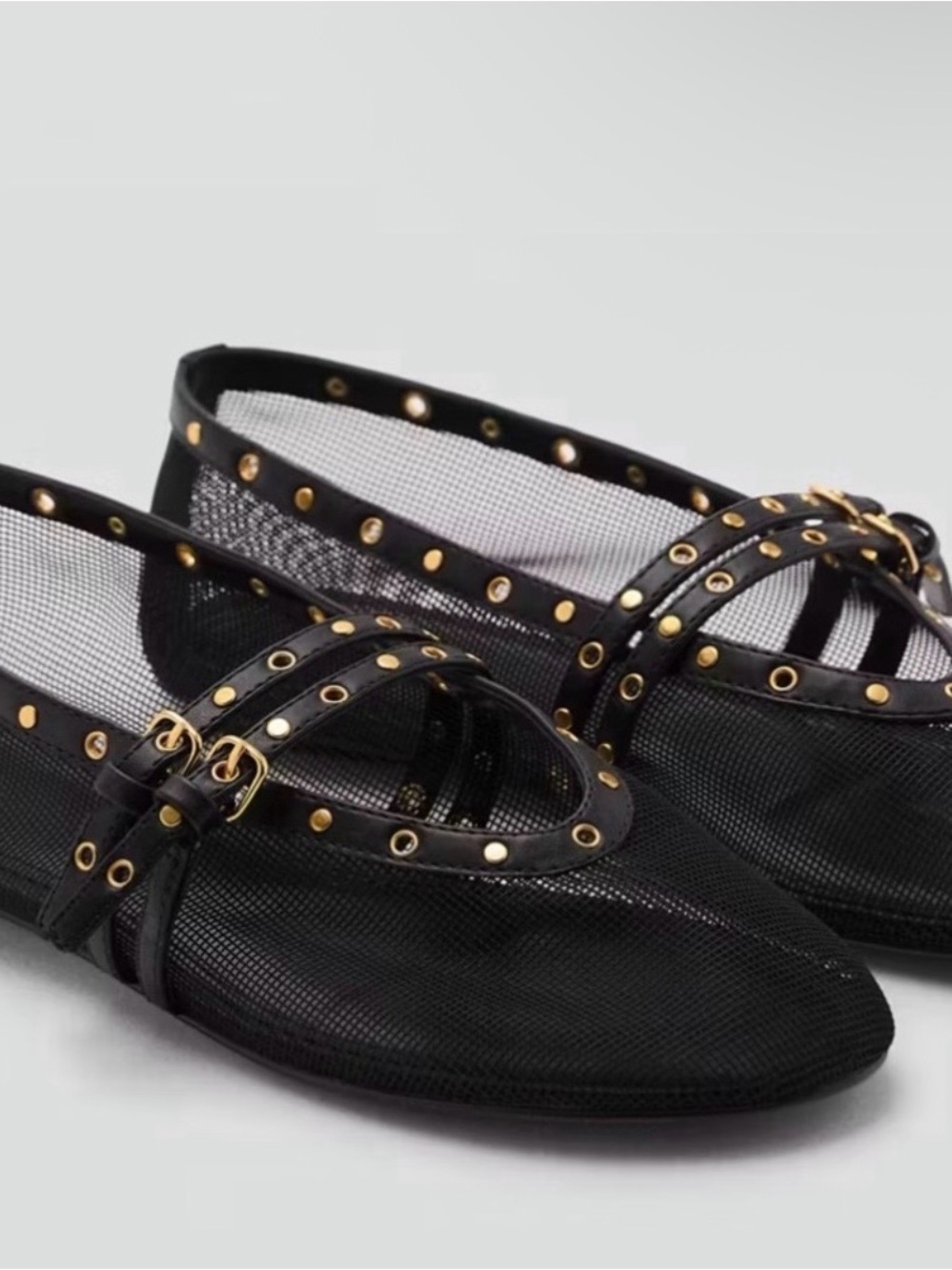 Black Mesh Studded Ballet Flats